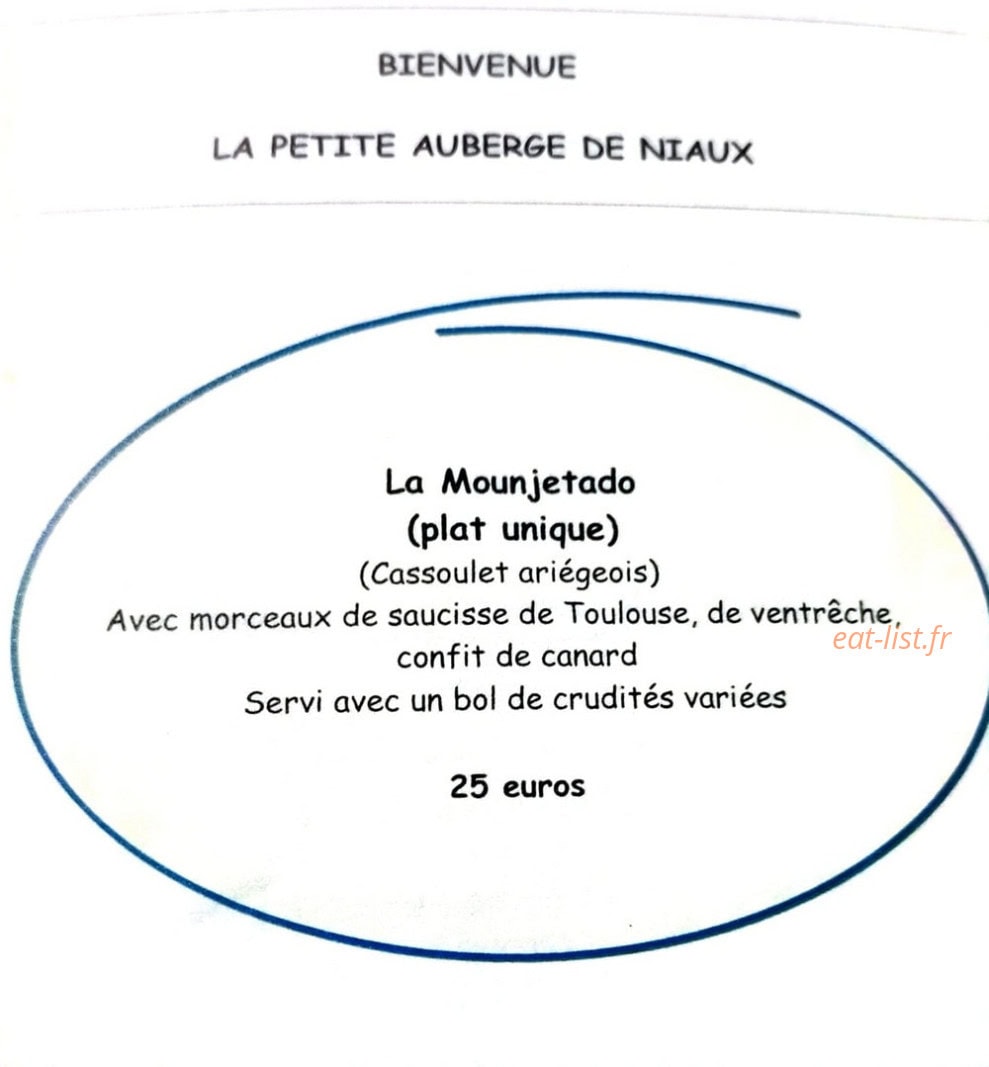 Carte et menu de La petite auberge de niaux à Niaux — Le menu