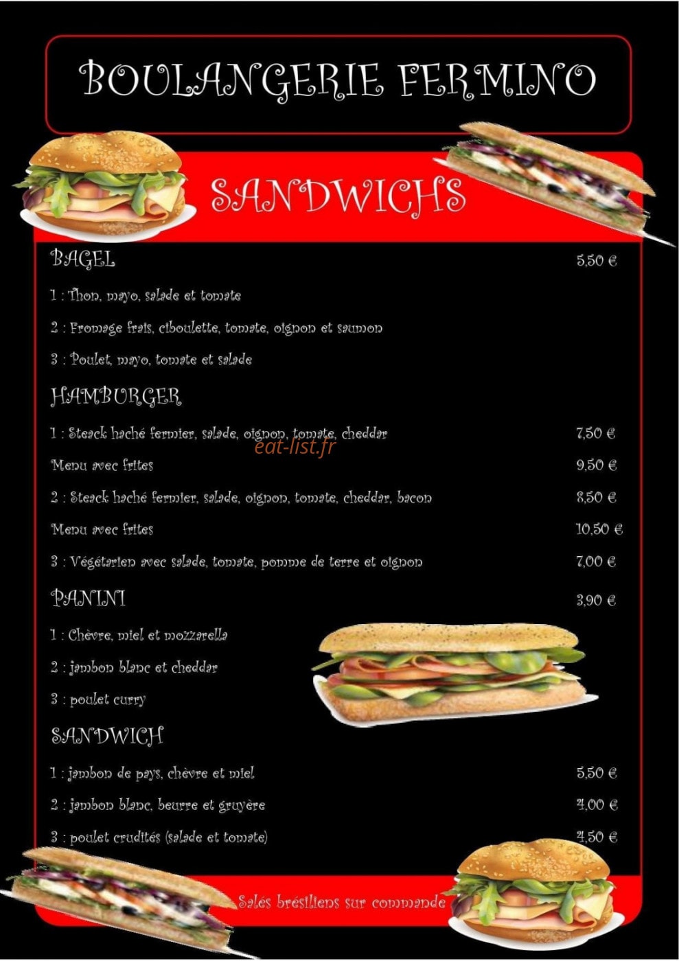 Carte et menu de Boulangerie Fermino à Aigues Vives — Les sandwichs