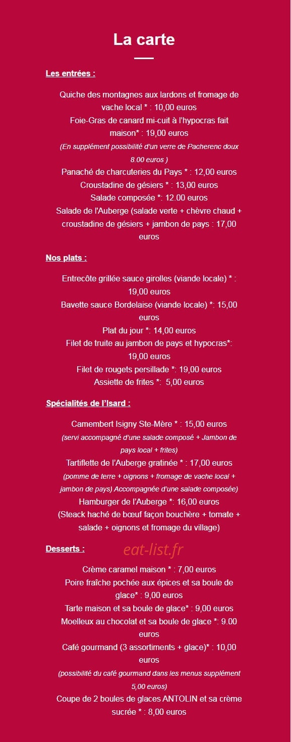 Auberge de l’Isard — carte page 1