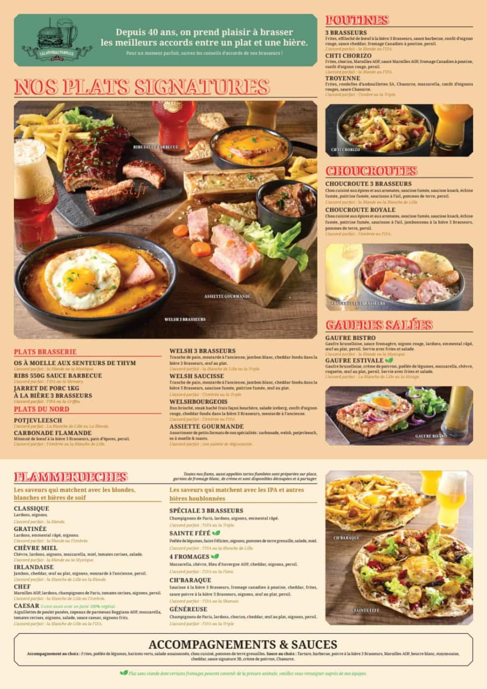 Carte et menu de Les 3 Brasseurs à Troyes — Plats, accompagnements et sauces