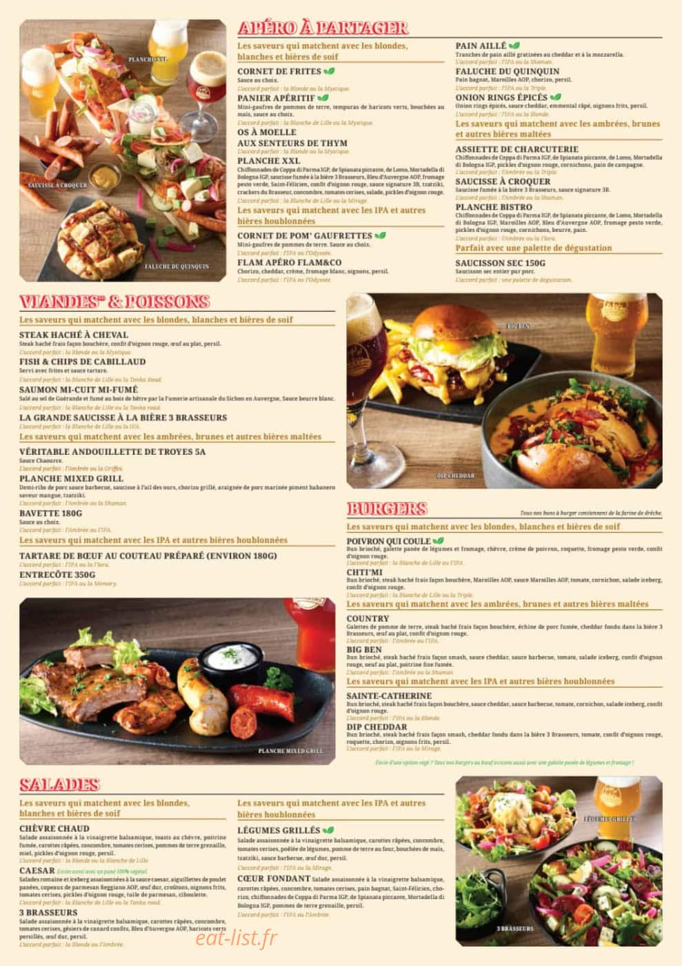 Carte et menu de Les 3 Brasseurs à Troyes — Apéro, viandes, poissons, burgers et salades