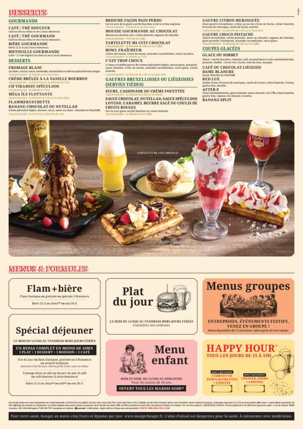 Carte et menu de Les 3 Brasseurs à Troyes — Desserts, menus et formules