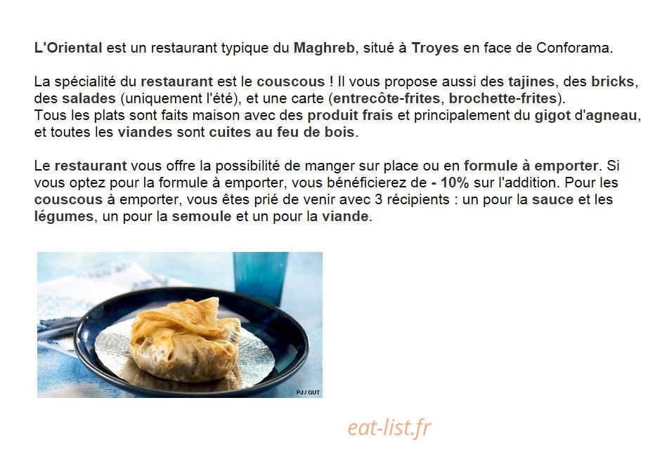 Restaurant L'Oriental — carte page 1