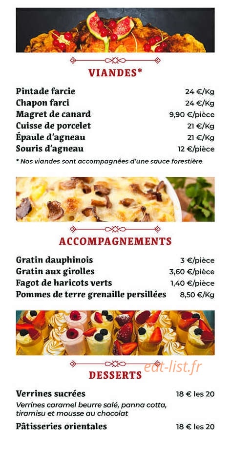 Carte et menu de Rôtisserie Du Pont Vert à Troyes — Les viande, accompagnements et desserts