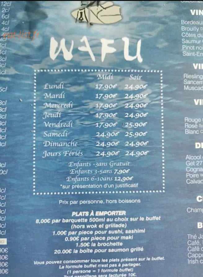 Carte et menu de wafu à Romilly sur Seine — Buffet