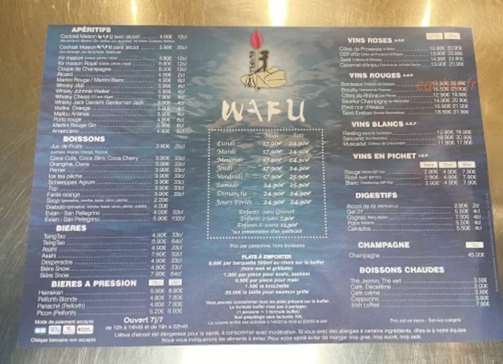 Carte et menu de wafu à Romilly sur Seine — La carte