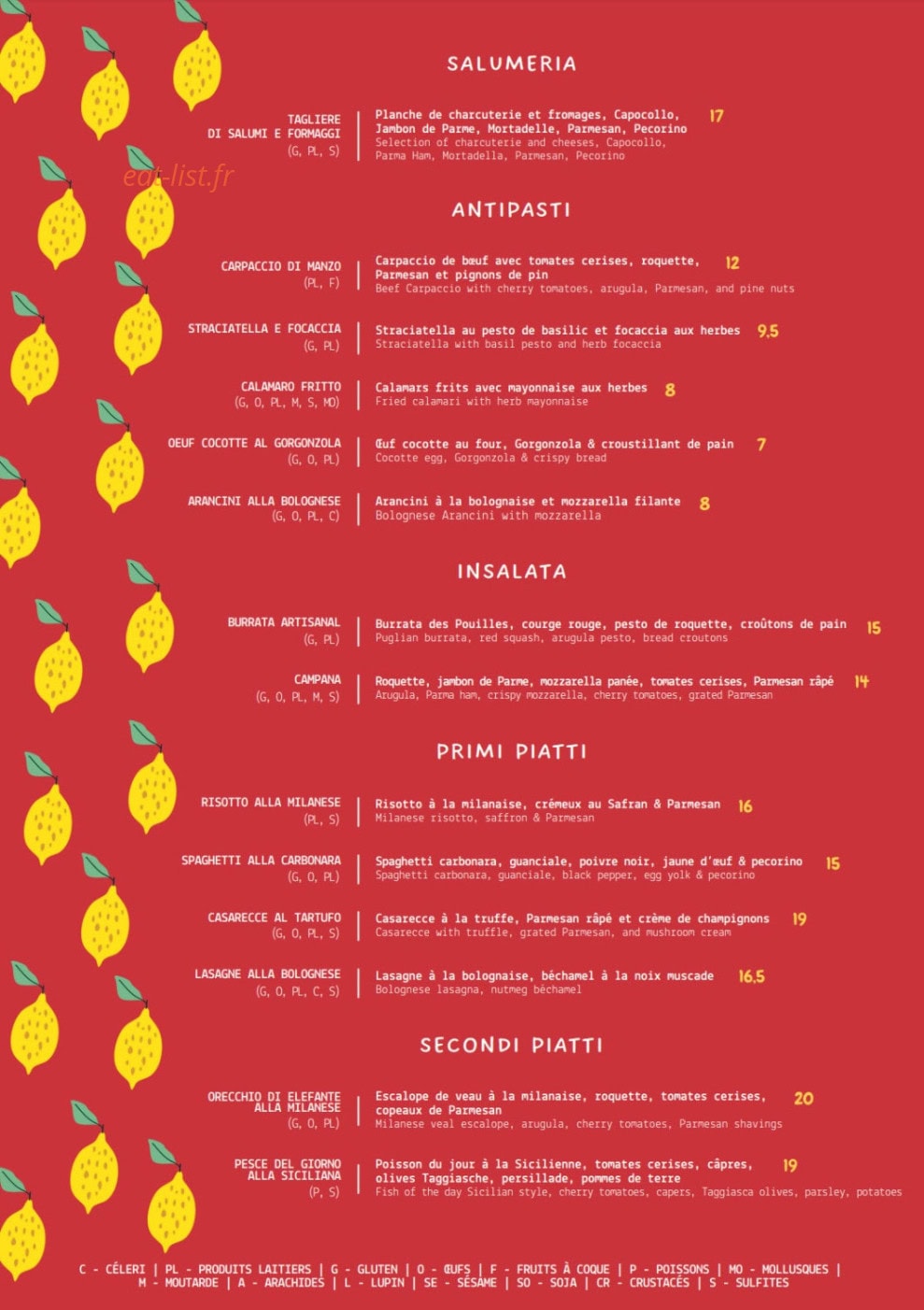 Zita Trattoria — carte page 1