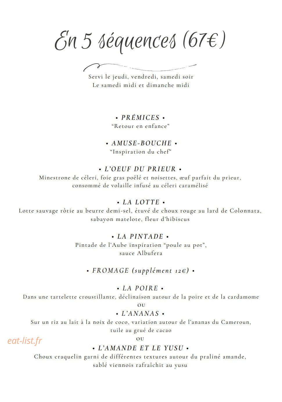 Carte et menu de L'Aube des Sens à Creney Pres Troyes — En 5 séquences