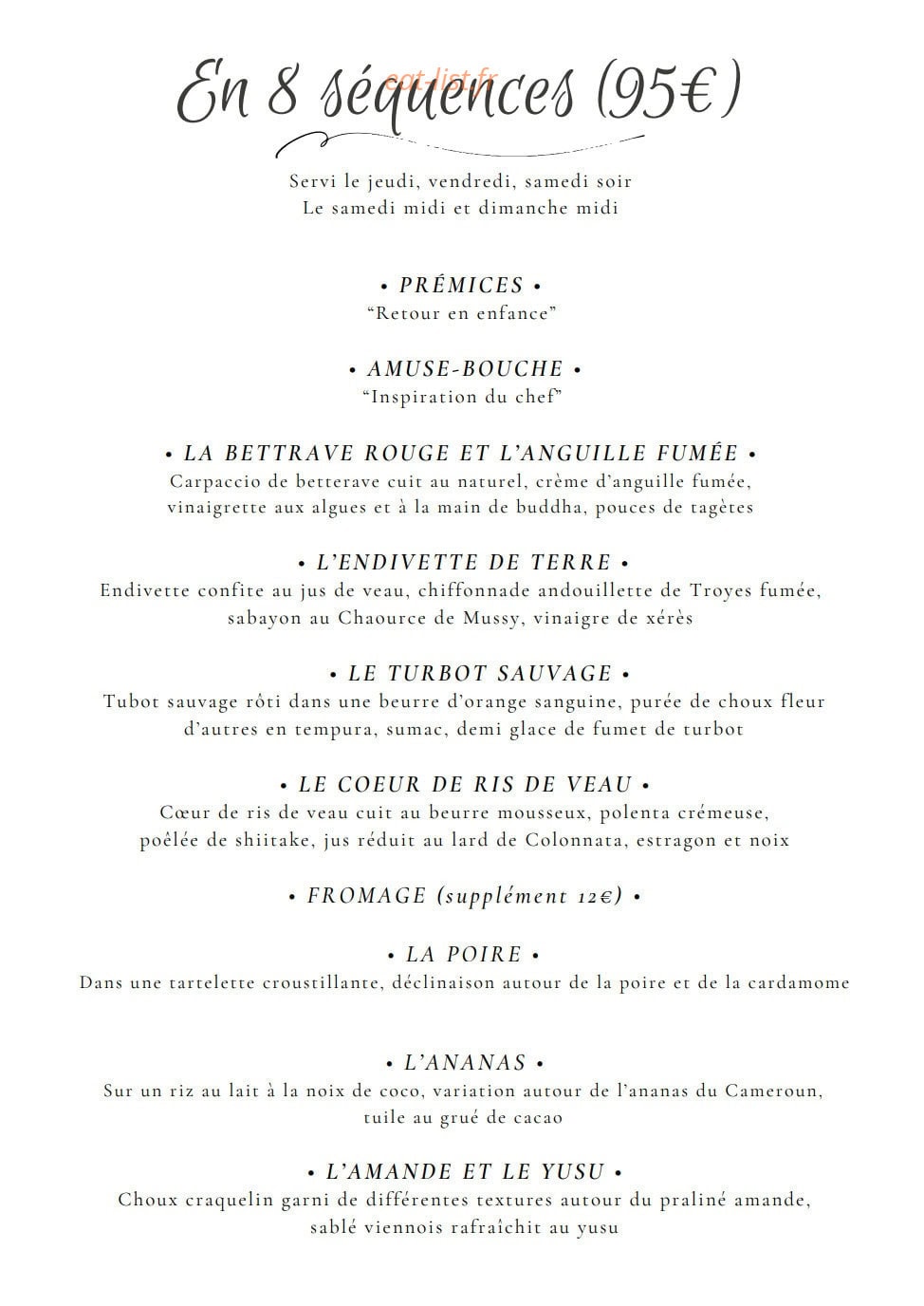 Carte et menu de L'Aube des Sens à Creney Pres Troyes — En 8 séquences