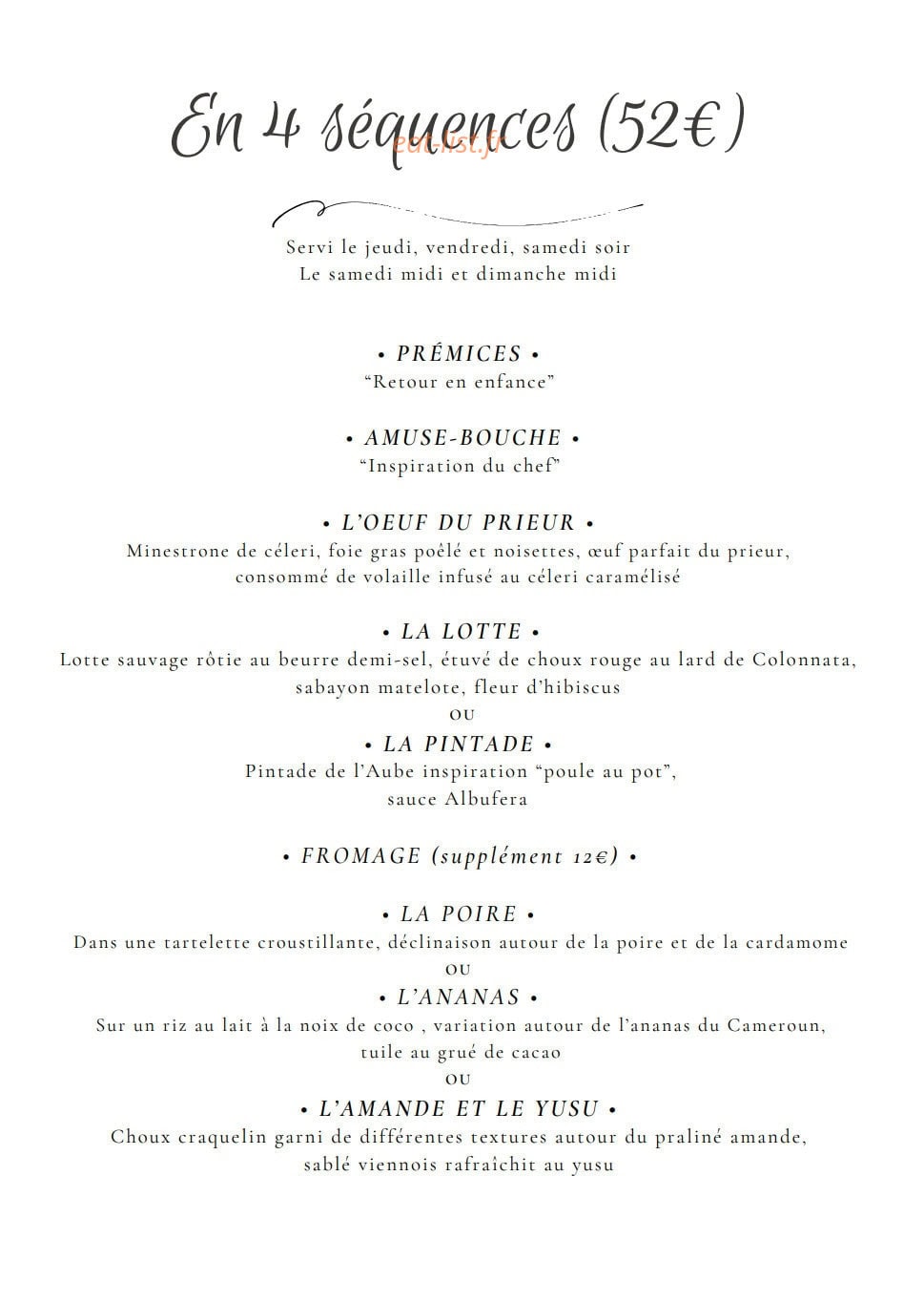 Carte et menu de L'Aube des Sens à Creney Pres Troyes — En 4 séquences