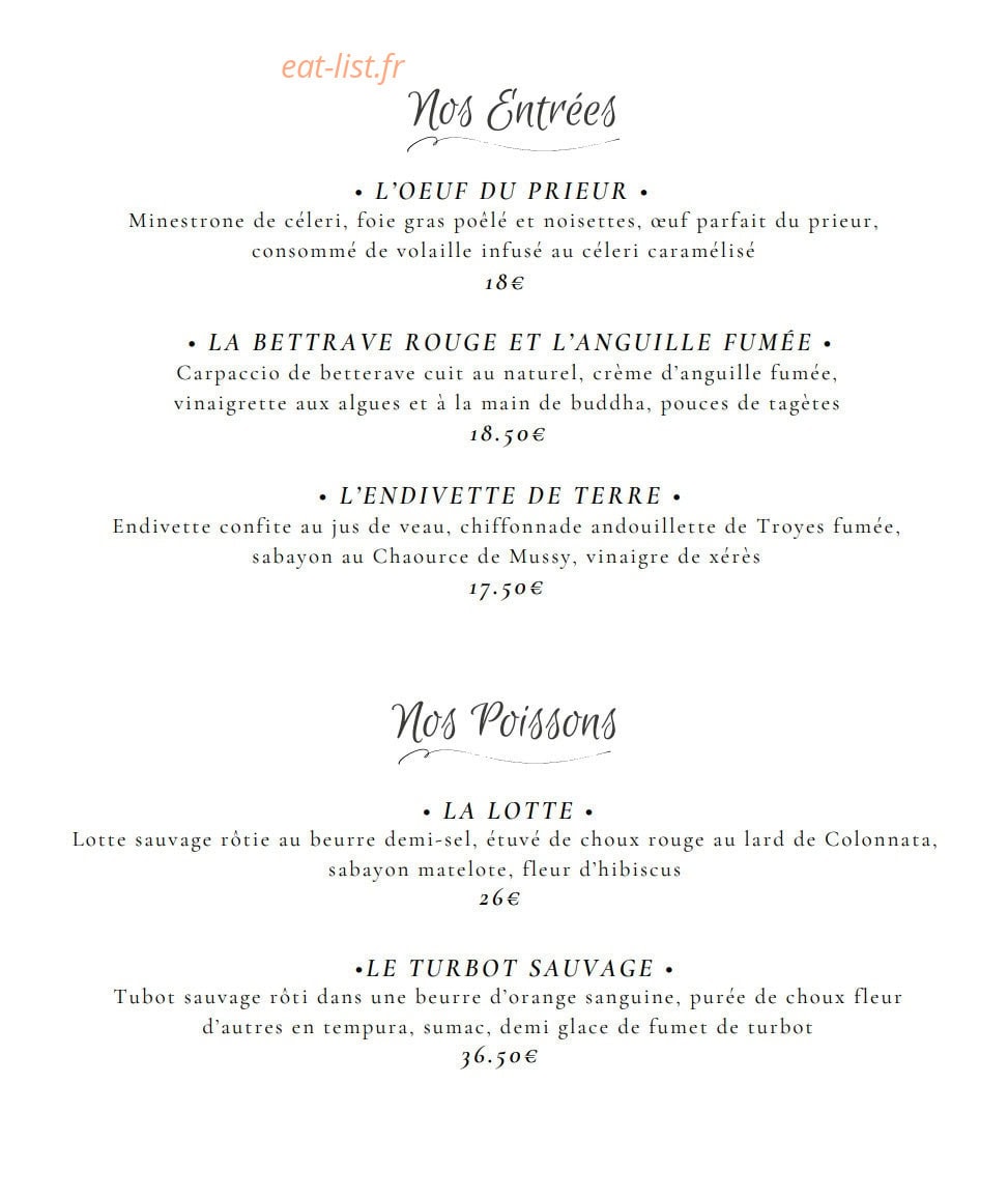 Carte et menu de L'Aube des Sens à Creney Pres Troyes — Les entrées et poissons