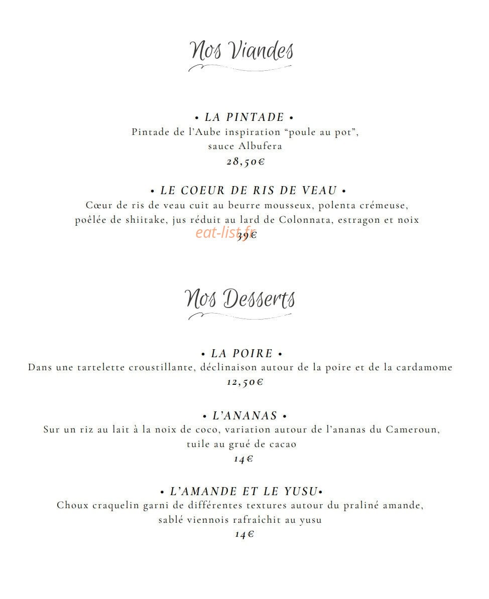 Carte et menu de L'Aube des Sens à Creney Pres Troyes — Les viandes et desserts