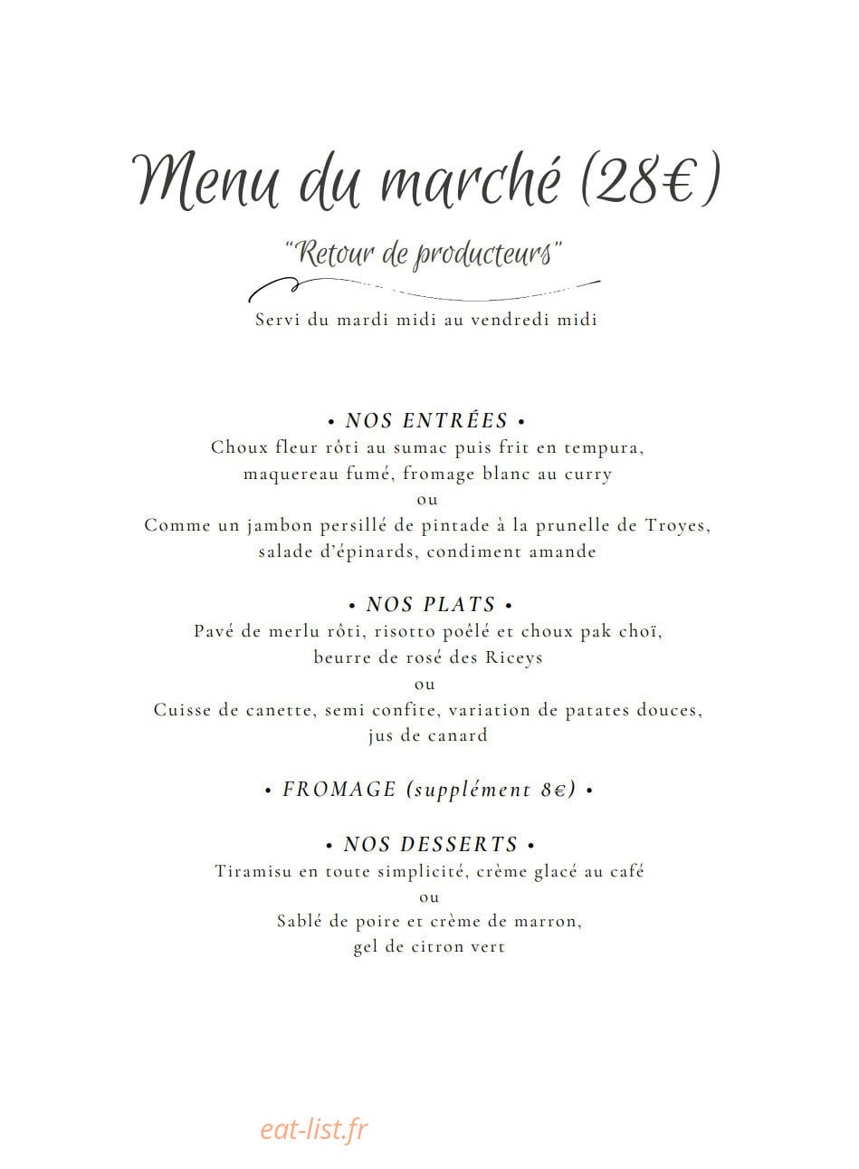 Carte et menu de L'Aube des Sens à Creney Pres Troyes — Menu du marché