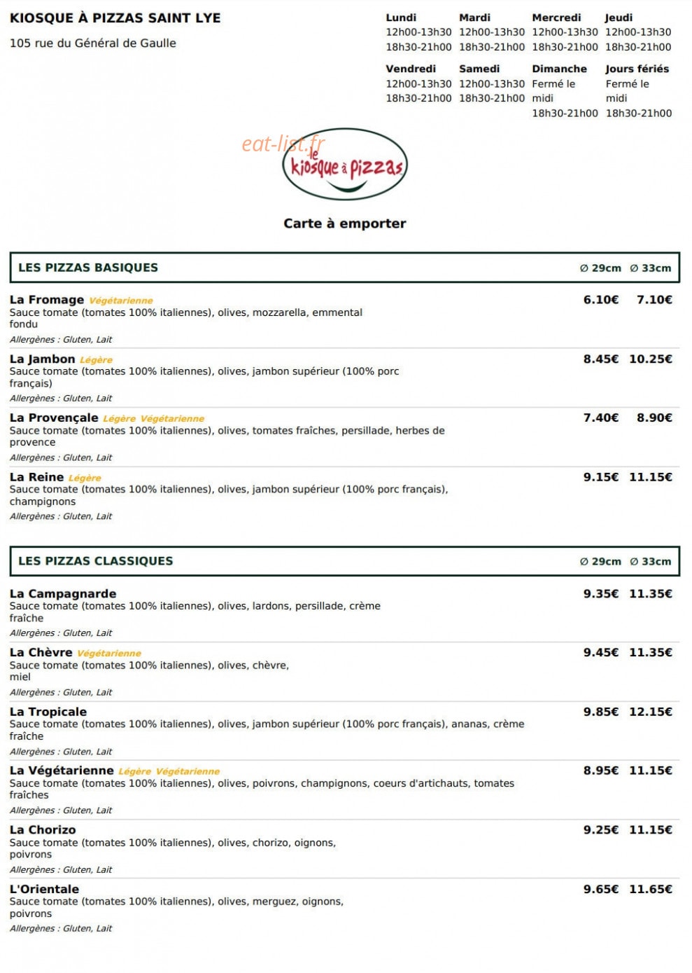 Le Kiosque à Pizzas — carte page 1