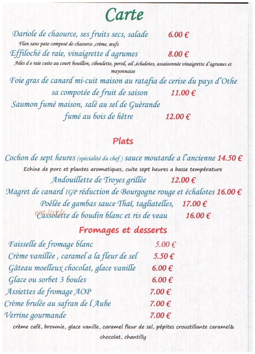 L'auberge de la vanne — carte page 1