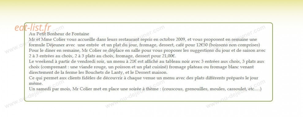 Au Petit Bonheur de Fontaine — carte page 1