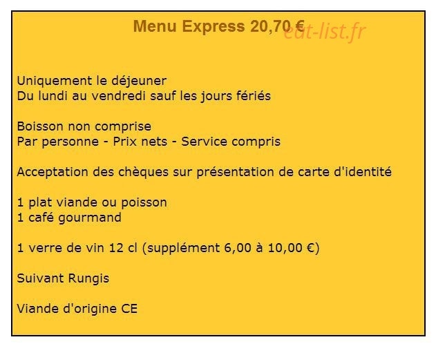 Carte et menu de Auberge du Cygne de la Croix à Nogent sur Seine — Menu express