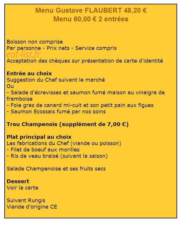 Carte et menu de Auberge du Cygne de la Croix à Nogent sur Seine — Menu Gustave Flaubert