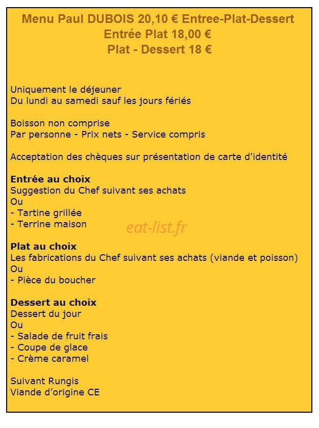 Carte et menu de Auberge du Cygne de la Croix à Nogent sur Seine — Menu Paul Dubois