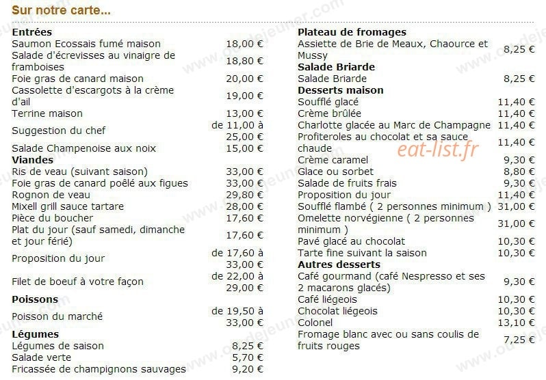 Carte et menu de Auberge du Cygne de la Croix à Nogent sur Seine — Les entrées, viandes, poisons...