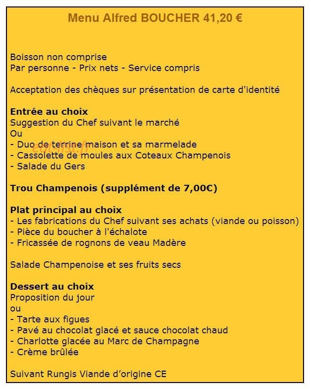 Carte et menu de Auberge du Cygne de la Croix à Nogent sur Seine — Menu Alfred Boucher