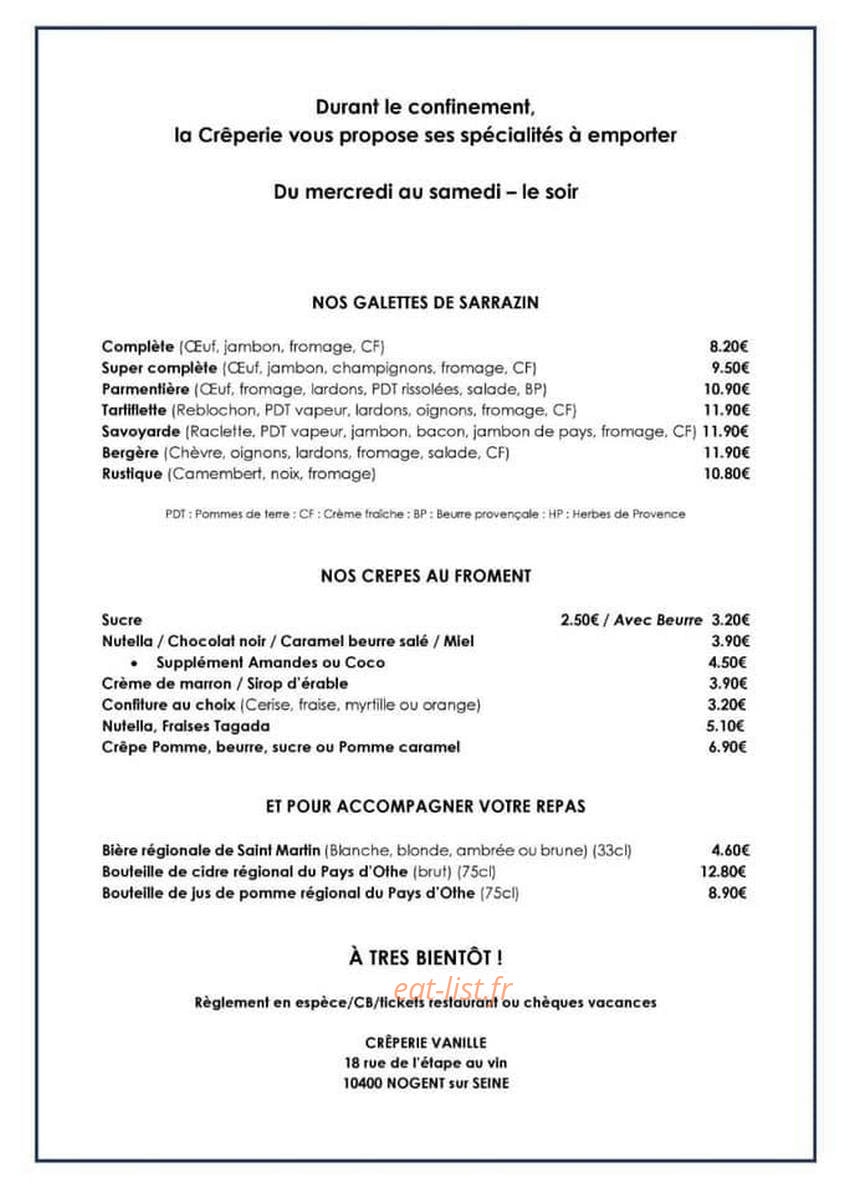 Crêperie Vanille — carte page 1