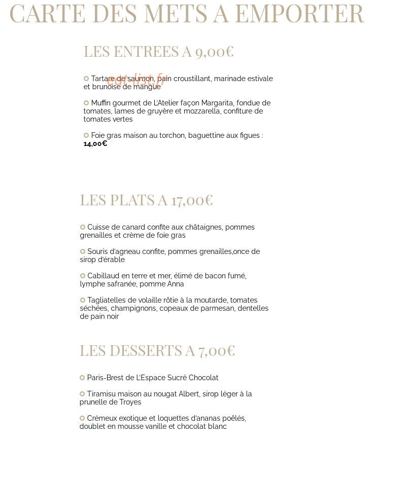 Carte et menu de L’Atelier Savoir et Saveur à Saint Parres Aux Tertres — Menu à emporter