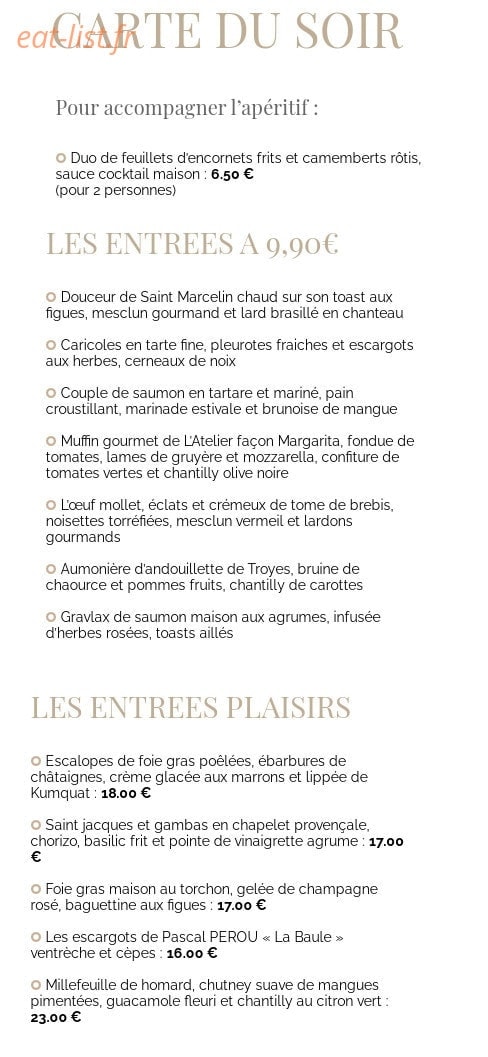 Carte et menu de L’Atelier Savoir et Saveur à Saint Parres Aux Tertres — Les entrées