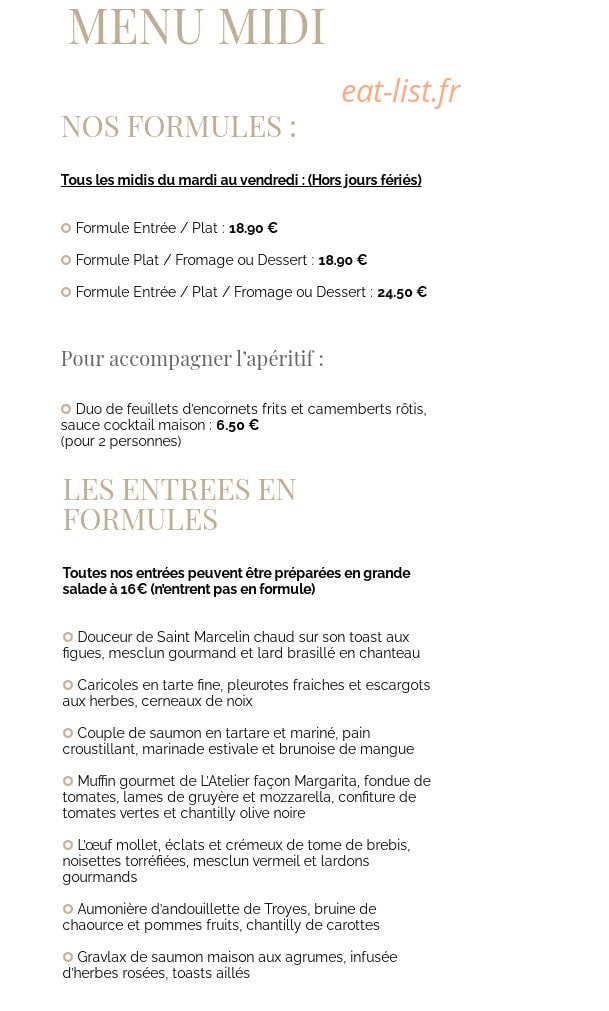 Carte et menu de L’Atelier Savoir et Saveur à Saint Parres Aux Tertres — Les formules et entrées