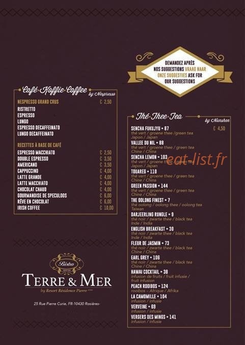 Carte et menu de Bistro Terre & Mer à Rosieres Pres Troyes — Café et thés