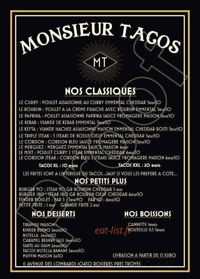 Carte et menu de Monsieur tacos à Rosieres Pres Troyes — Menu à la carte