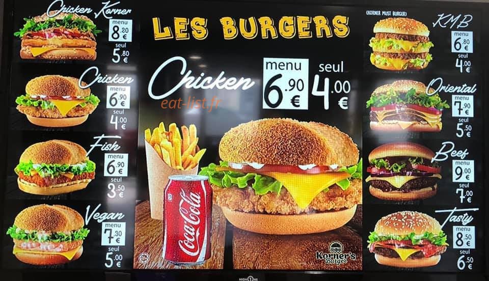 Korner's Burger — carte page 1