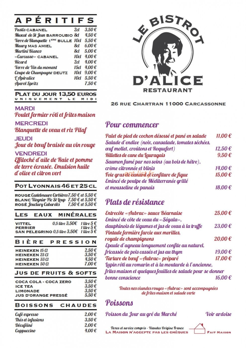 Le Bistrot D'Alice — carte page 1