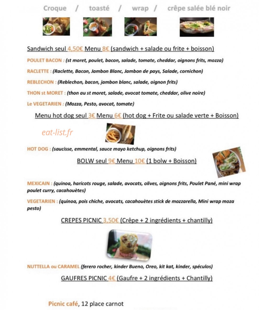 Picnic Café — carte page 1