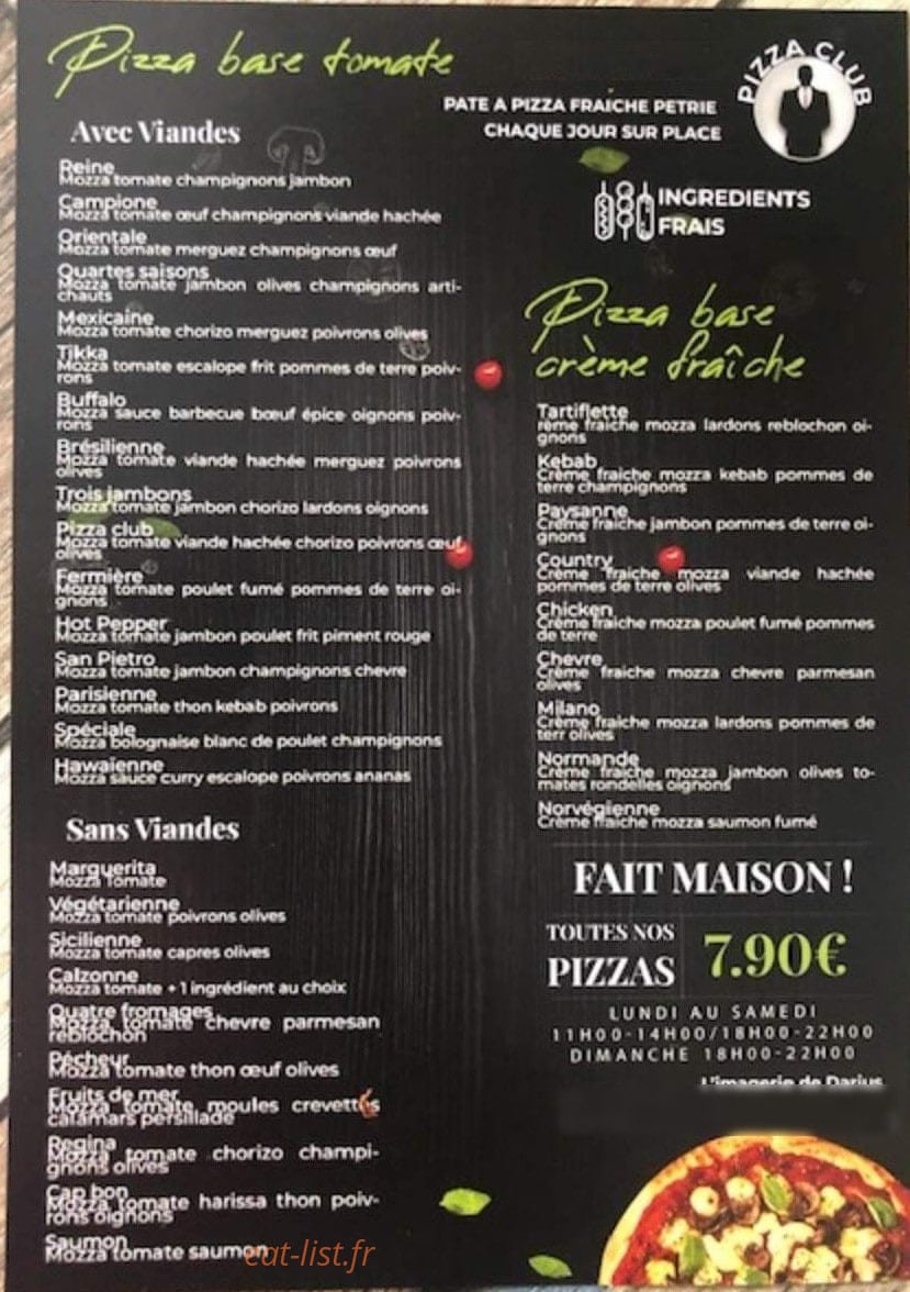 Pizza Club — carte page 1
