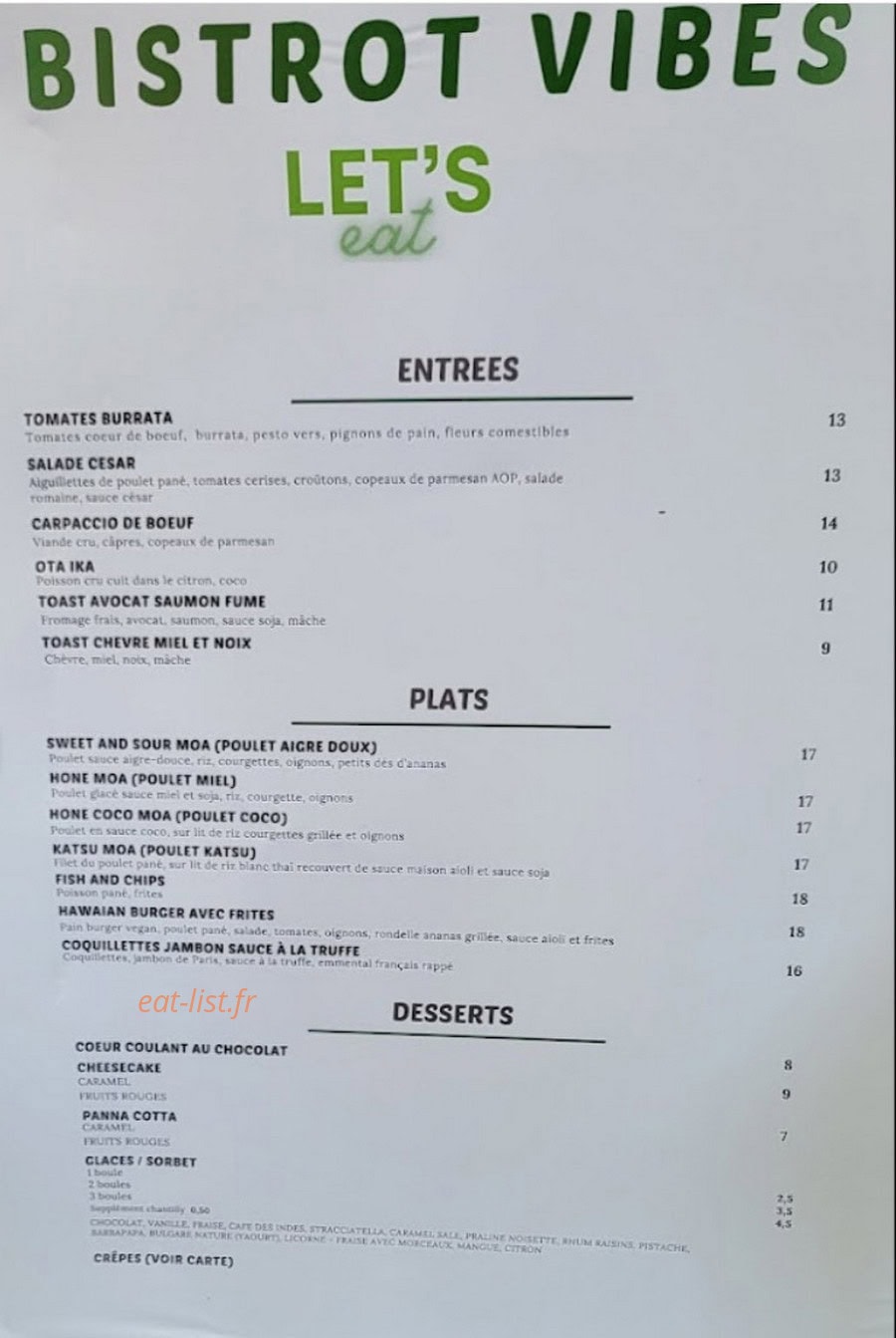 Vibes Restaurant — carte page 1
