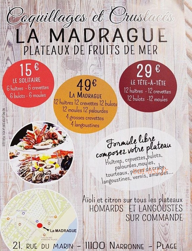 Carte et menu de La Madrague à Narbonne Plage — plateaux de fruits de mer