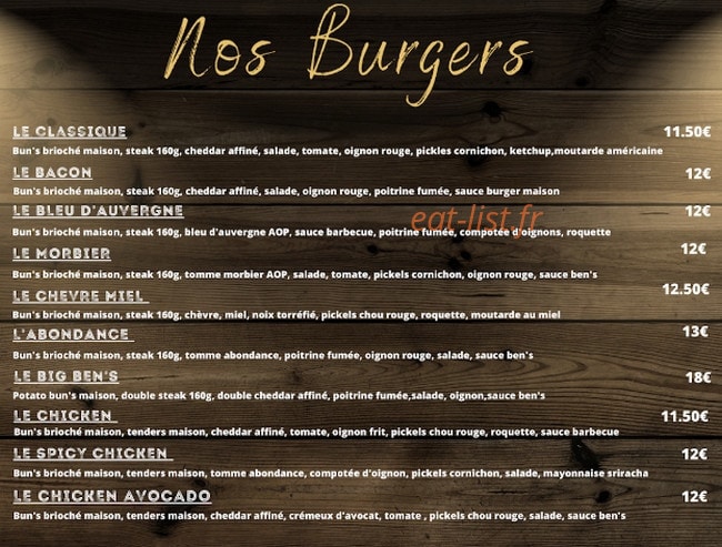 Ben's burger — carte page 1