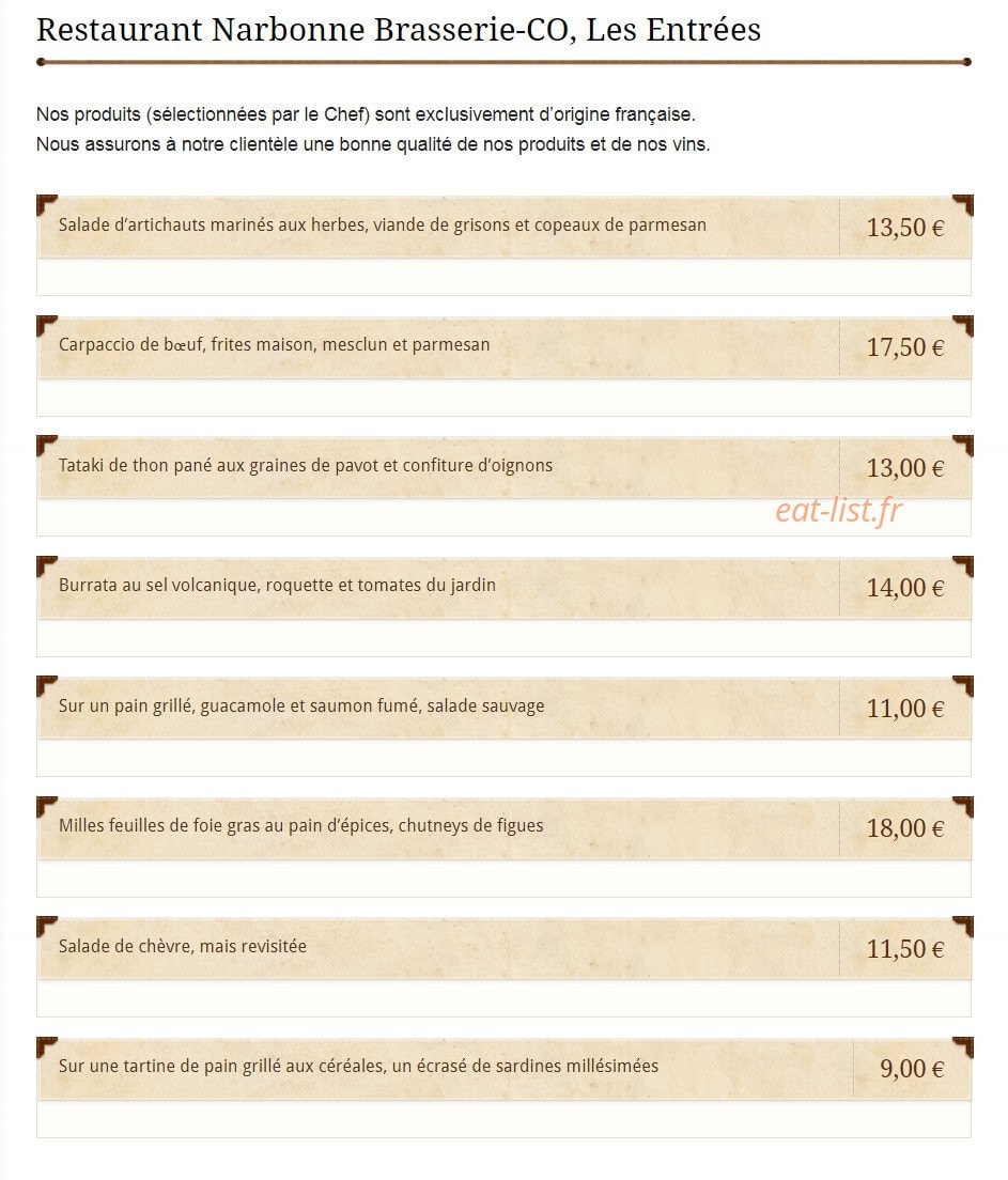 Brasserie CO. — carte page 1