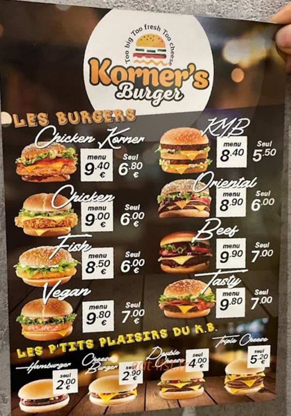 Korner’s burger — carte page 3