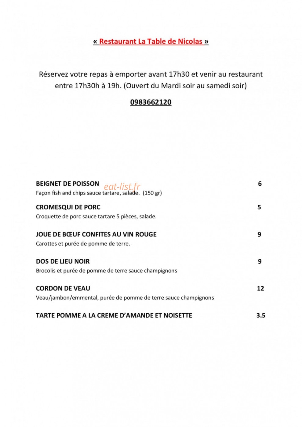La Table de Nicolas — carte page 1