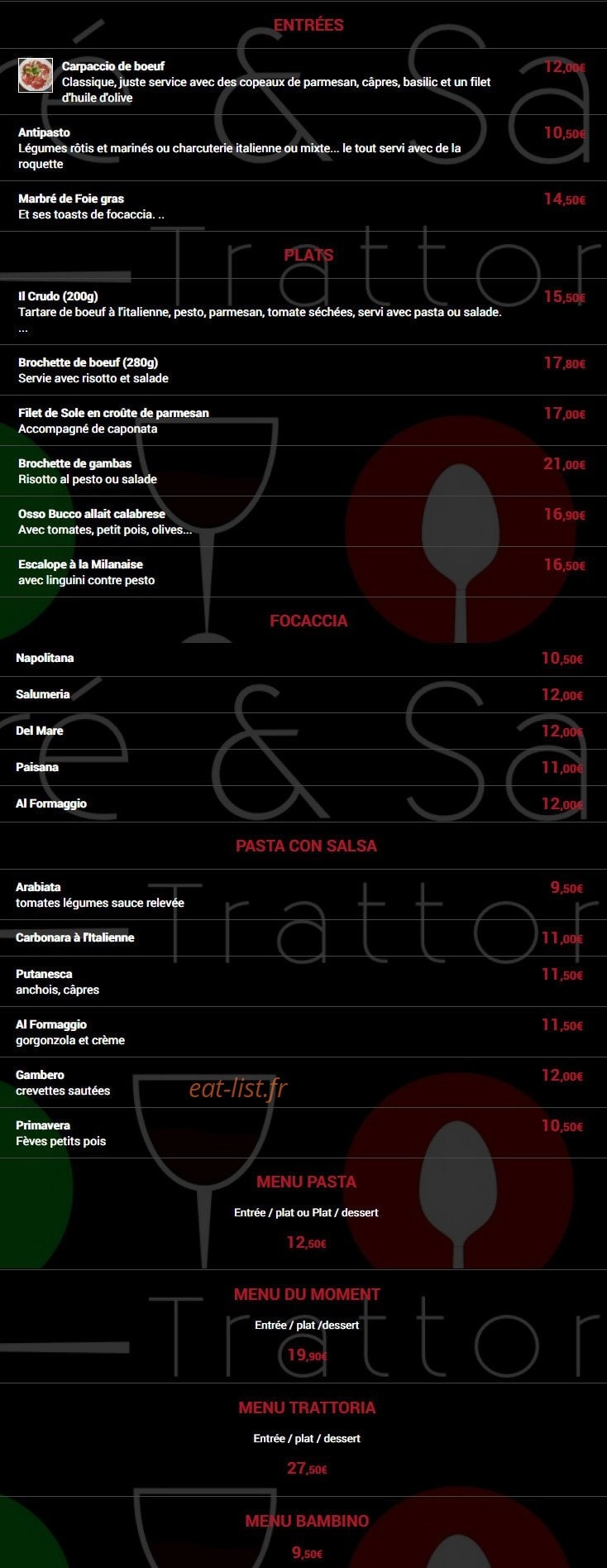 Trattoria — carte page 1