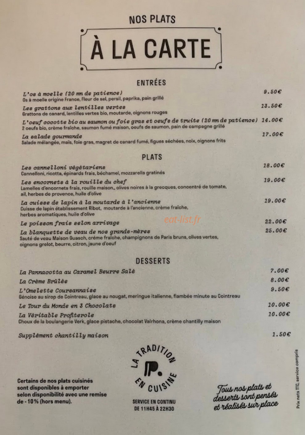 Passe-Temps, La Tradition en Cuisine — carte page 1