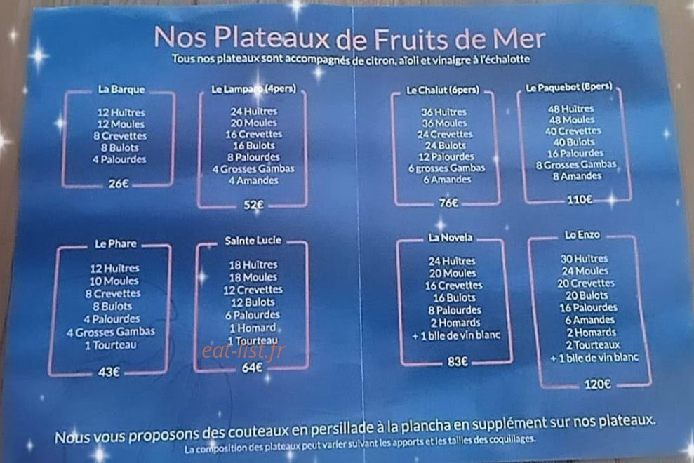 Carte et menu de Aux saveurs terre et mer à Sigean — Les plateaux de fruits de mer