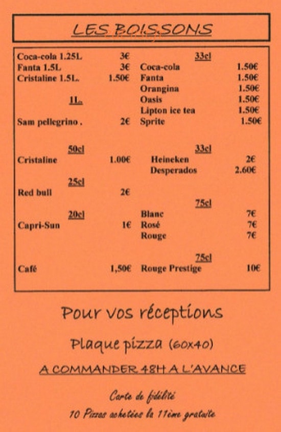 Carte et menu de Pizzeria Entre Nous à Villepinte — Les boissons