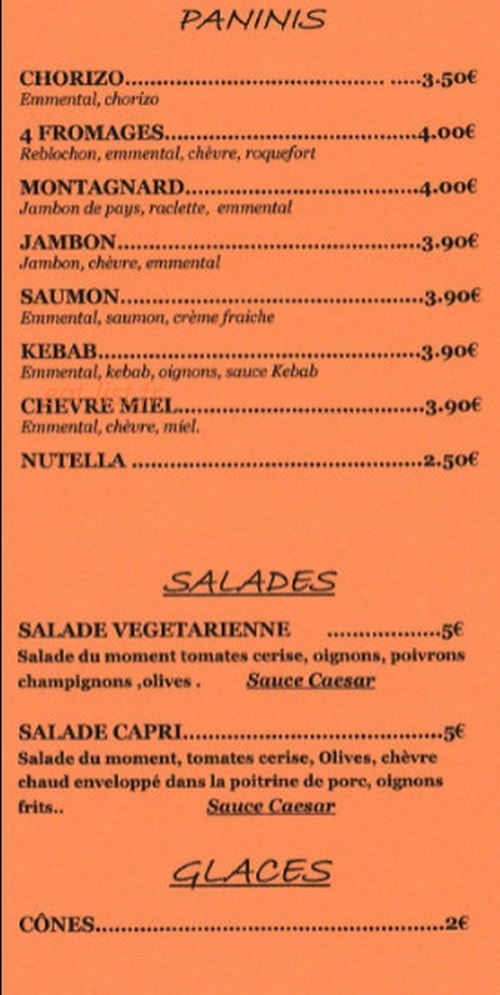 Carte et menu de Pizzeria Entre Nous à Villepinte — Les paninis, salades et glaces