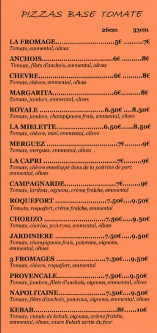 Carte et menu de Pizzeria Entre Nous à Villepinte — Pizza base tomate