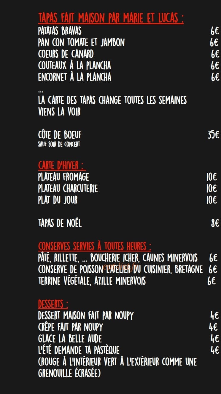 Carte et menu de La Cantine du Curé à Caunes Minervois — Tapas et desserts