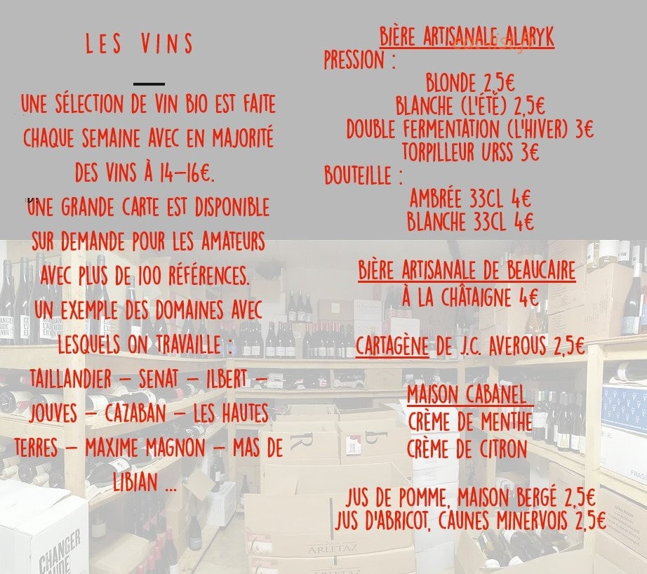 Carte et menu de La Cantine du Curé à Caunes Minervois — Vins et boissons