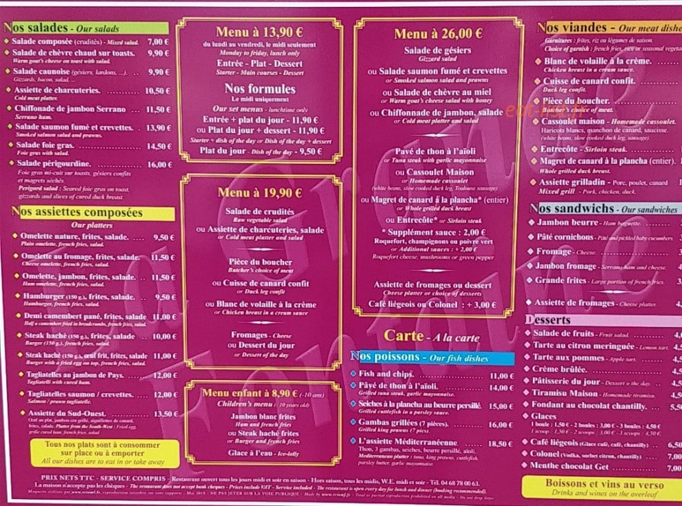 Carte et menu de La Grande Fontaine à Caunes Minervois — Les salades, assiettes, menus...